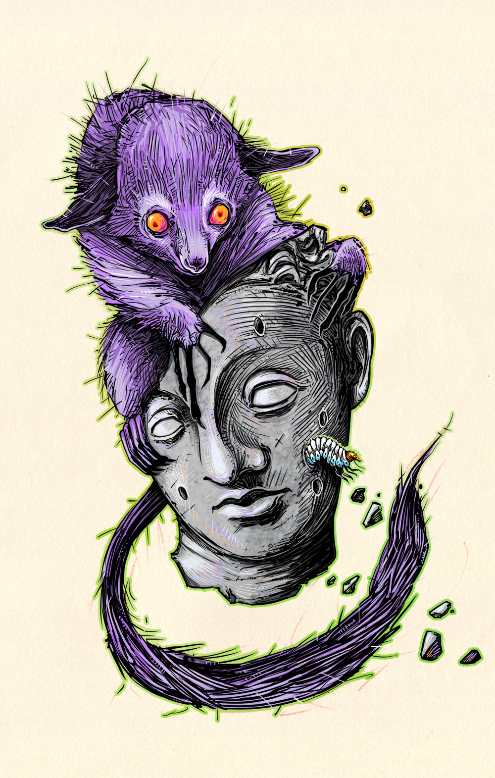 Aye-aye with statue head